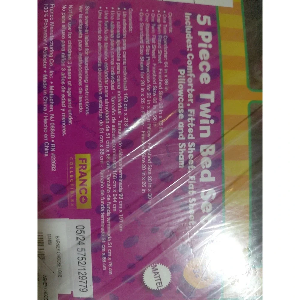Barney & Friends Bedding 7 Piece Reversible Comforter, Sheet Set w/Sham, Full Sz